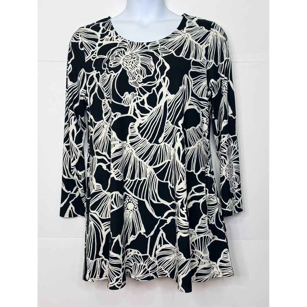 Lildy Printed Pocket Swing Tunic L-XL Black White Floral  Long Slveeve Boho Work